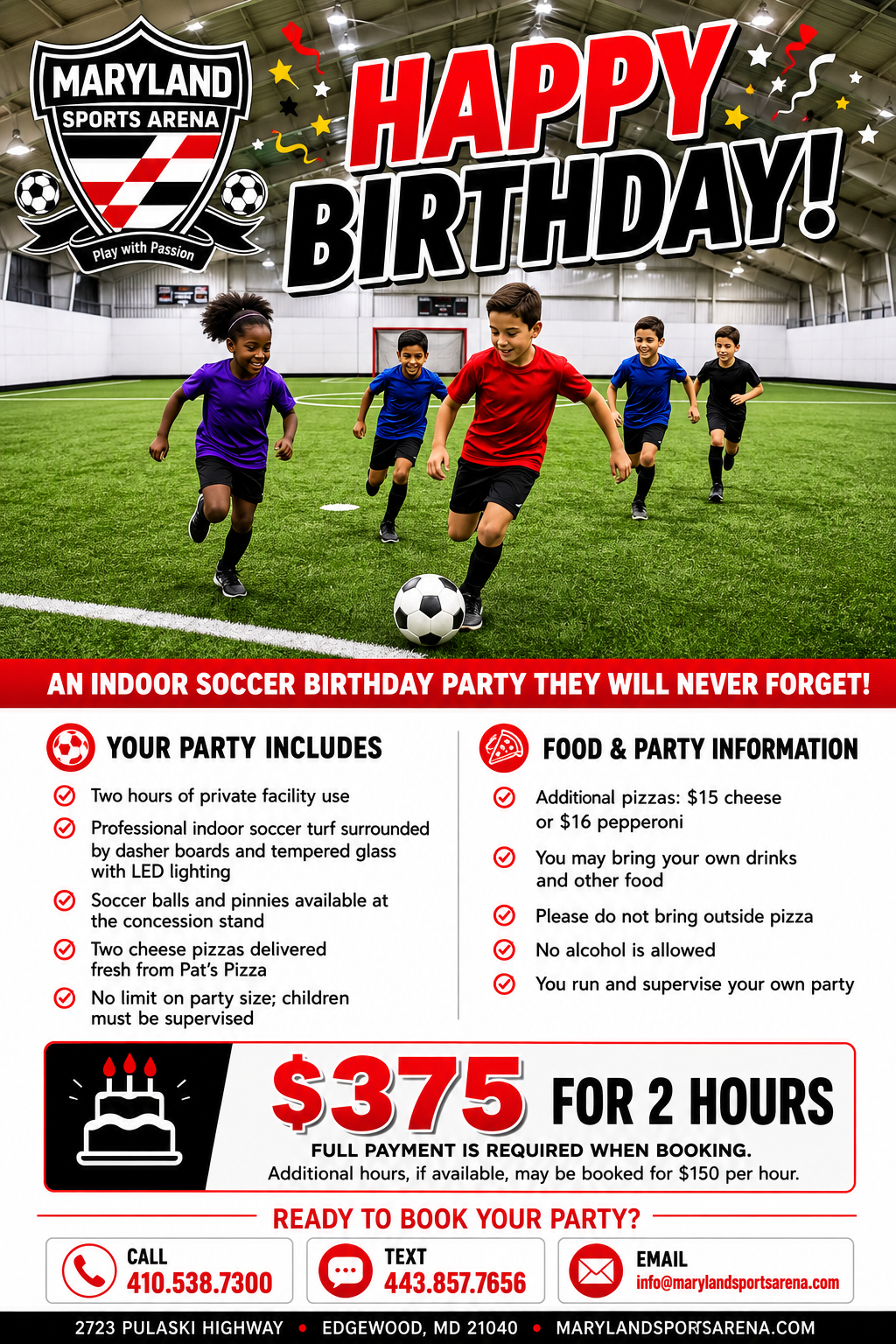 Maryland Sports Arena Happy Birthday indoor soccer party flyer
